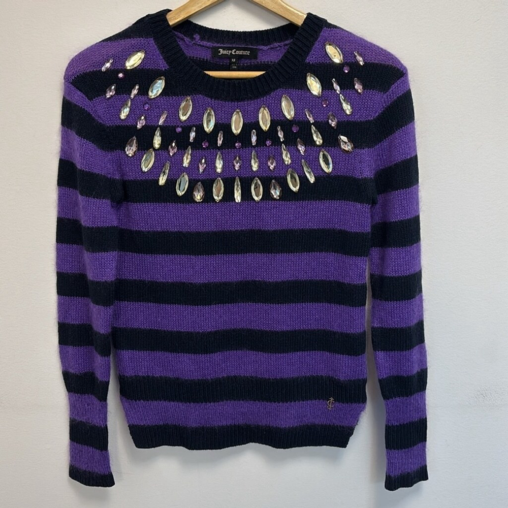JUICY COUTURE vintage wool cashmere mohair sweater crystals black purple size XS - Picture 2 of 14
